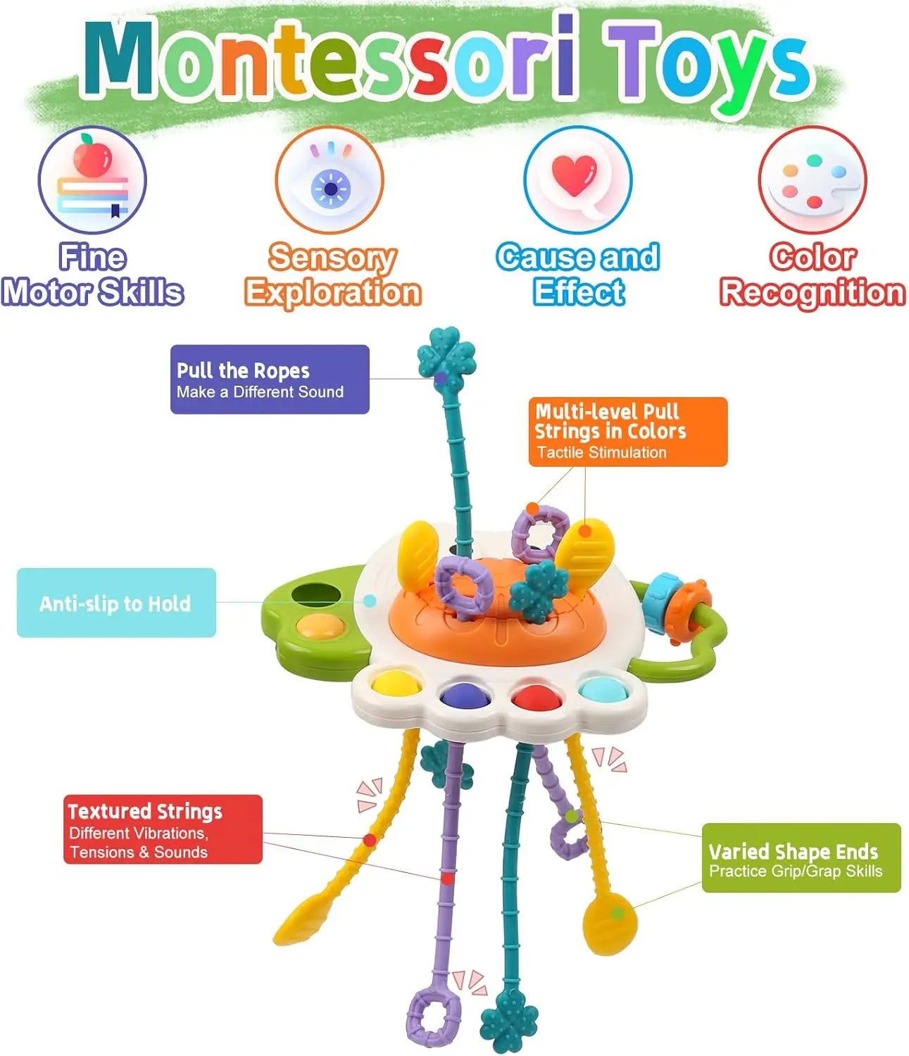 Baby Pull String Sensory Toy - Silicone Teething Rattle Montessori Learning Toy for 6-12 Months