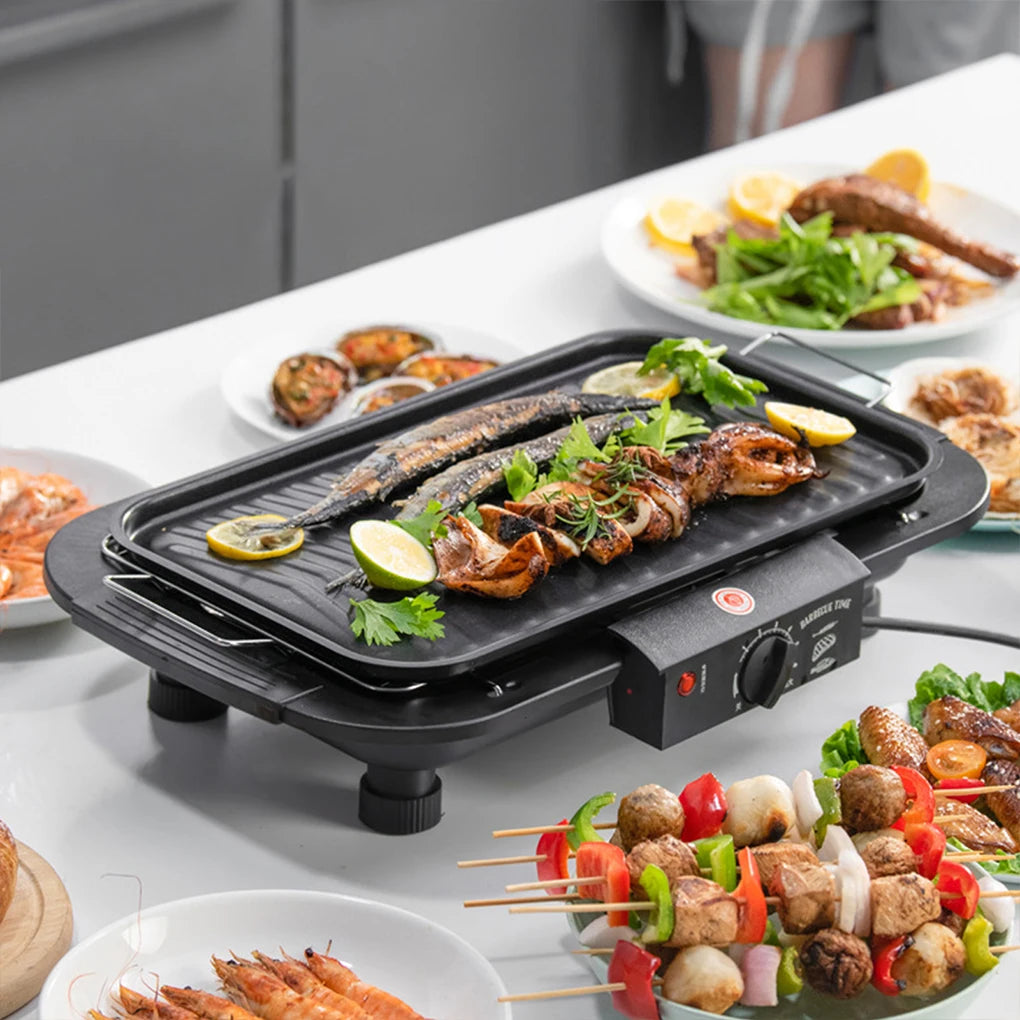 Electric Indoor Smokeless BBQ Pan — Versatile & Durable Grill for Cooking, Black, US Plug