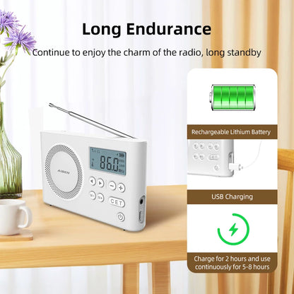 AIBEN C5S Mini Portable Radio — Handheld Rechargeable Digital FM Radio with USB Charging Port & Built-In Speaker