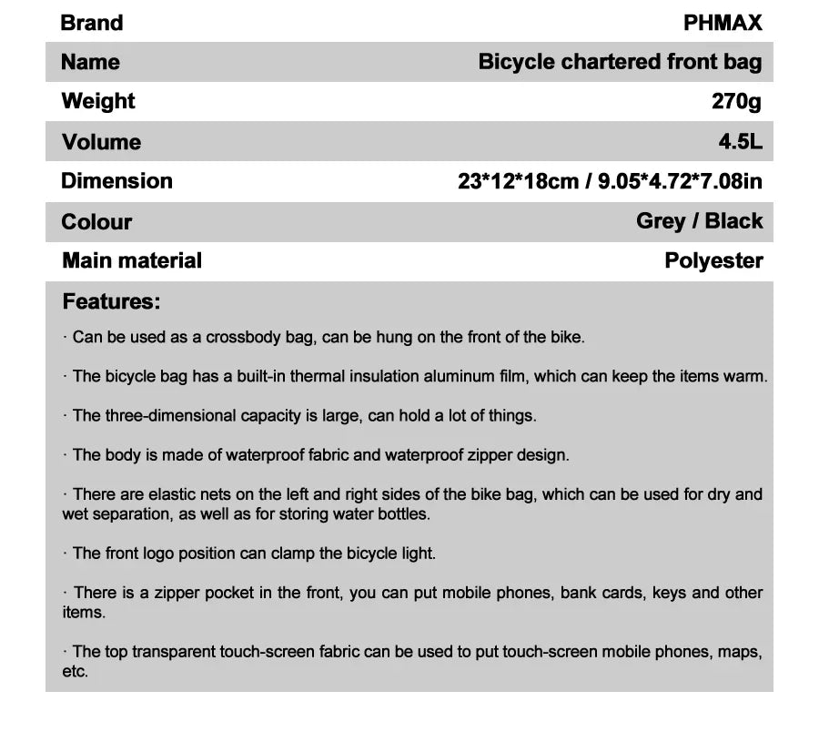 PHMAX Insulated Cycling Front Handlebar Bag – Large Waterproof MTB Pannier with Touch Screen & Cooler Compartment