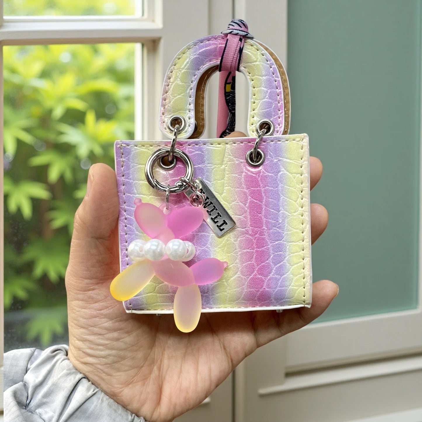 Mini PU Leather Rainbow Bag Charm - Gradient Balloon Dog Keychain Holder for Earbuds, Charger Cable & Gifts