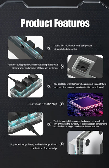RGB 3-Key Mini Macro Keyboard — Hotswap Keypad for Photoshop, Gaming & Programming