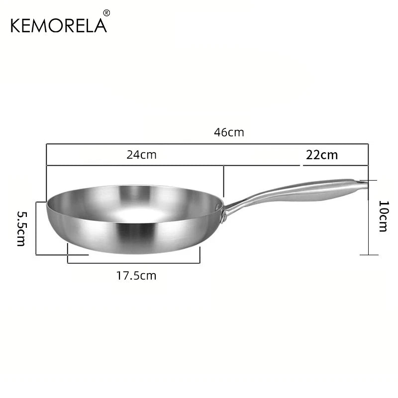 24CM Professional Grade Frying Pan - 304 Stainless Steel, 2MM Thick 5-Ply Steel Skillet & Cooking Pot