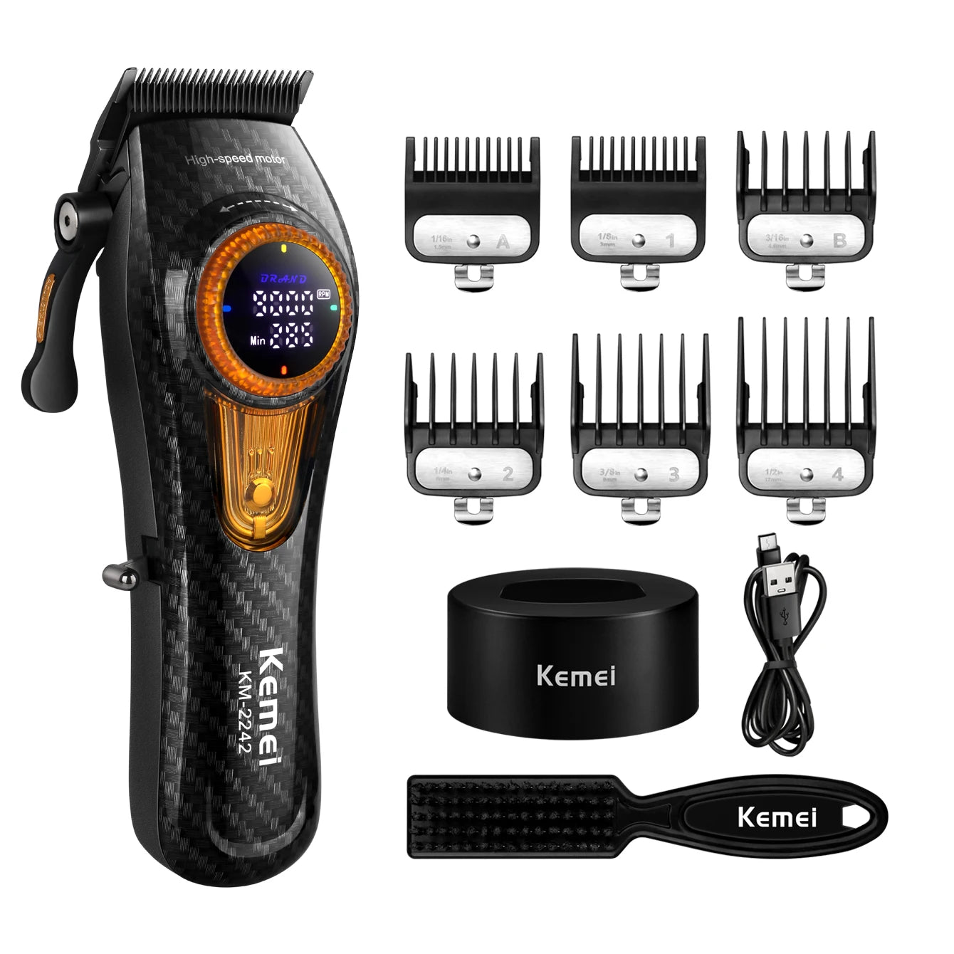 Kemei Professional Hair Clipper – 9000 RPM Electric Hair Cutting Machine, Adjustable Cordless Trimmer with Base for Barbers