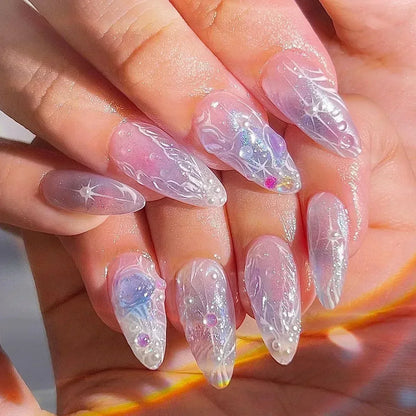 24PCS Pink Almond Press On Nails - Butterfly Ballet French Design Artificial Nail Tips for Stylish Nail Art