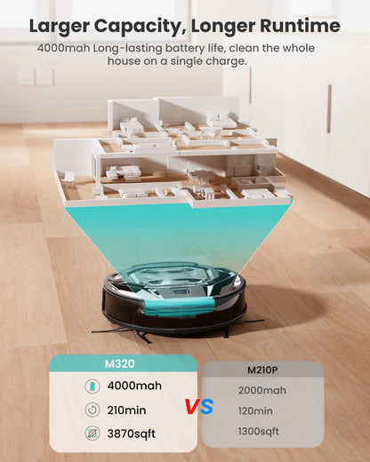 Lefant M320 Robot Vacuum Cleaner with Mop – 6000Pa Suction, 210 Min Runtime, 800ML Dustbin, Carpet Detection