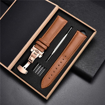 Genuine Leather Watch Strap - 18mm, 20mm, 22mm & 24mm Replacement Band with Butterfly Buckle for Men and Women