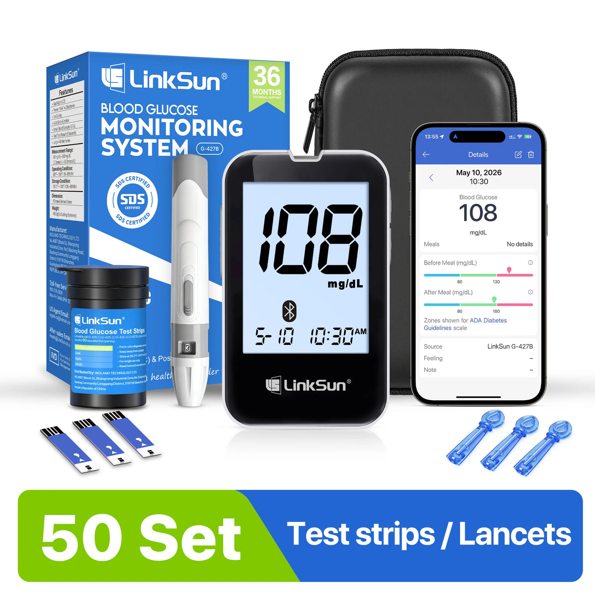 LinkSun G-427B Bluetooth Blood Glucose Meter Kit - Digital Diabetes Monitor with Large Display and 50 or 100 Test Strips