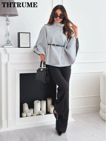 Elegant Autumn Solid Jacket for Women – Single-Breasted Batwing Sleeve, Loose Casual Coat for Office & Chic Look