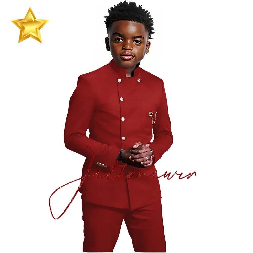 African Style Boys Suit - Stand Collar Blazer and Pants 2 Piece Casual Business Kids Formal Wear