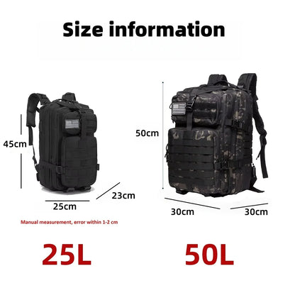 25L/50L Waterproof Oxford Tactical Sports Backpack – Breathable Outdoor Bag for Hiking, Fishing, Hunting & Camping