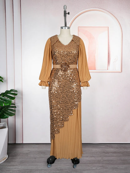 Elegant African Dresses for Women - Plus Size Sequin Dashiki Ankara Maxi Evening Party Dress
