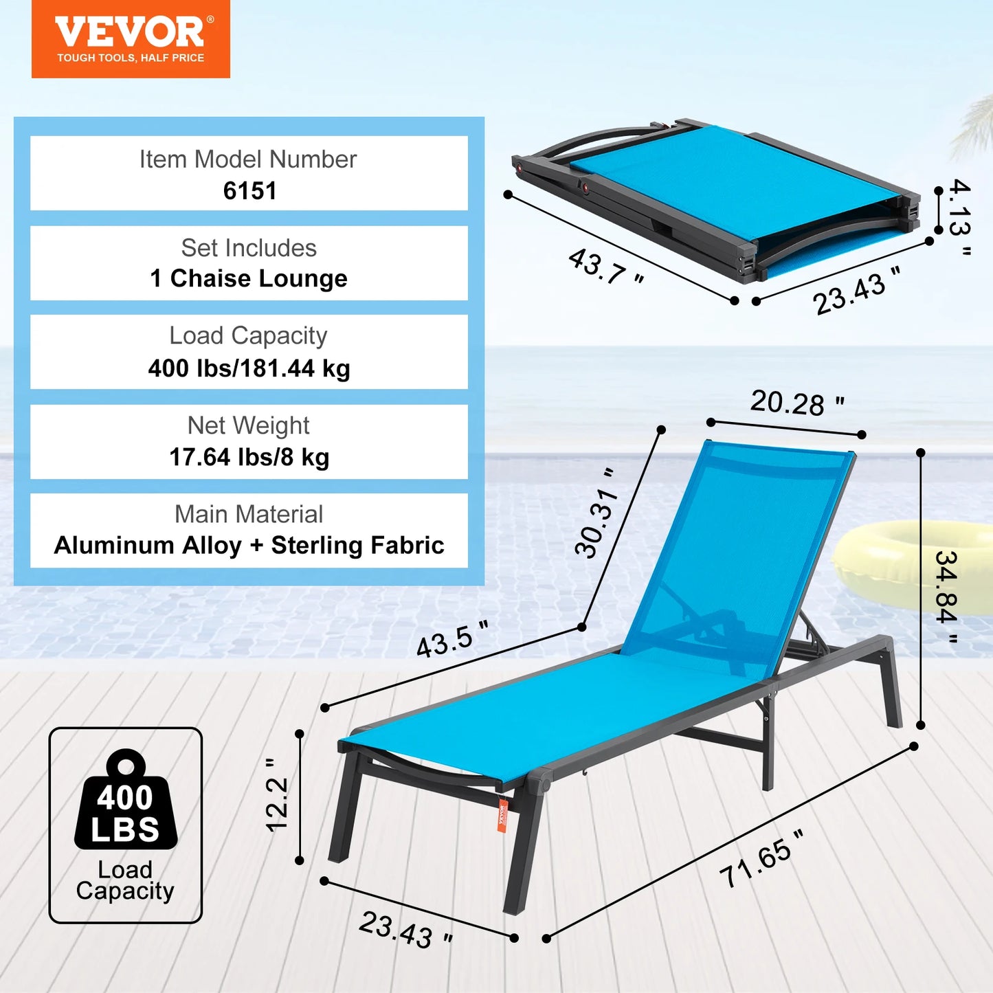 SucceBuy Outdoor Aluminum Chaise Lounge Chair — Folding Patio Pool Recliner, Full Flat Sun Lounger in Dark Grey