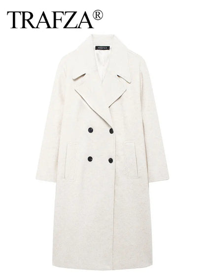 TRAFZA 2024 Women’s Autumn Loose Coat – Lapel Double-Breasted Long Sleeve Trench Jacket, Winter Warm Vintage Outerwear