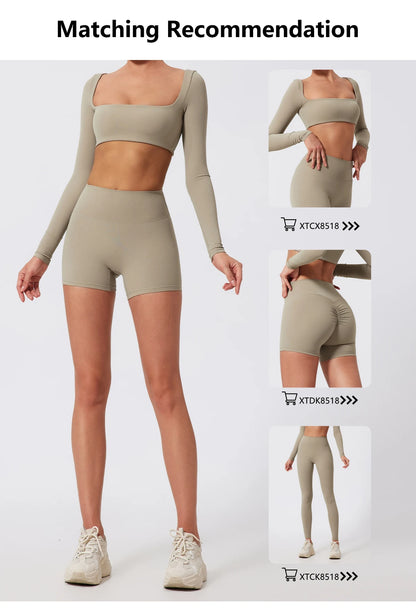 Hearuisavy 2PCS Long Sleeve Gym Set for Women, Quick-Drying Yoga Clothes, Sportswear, Running Leggings, Workout Sports Crop Top