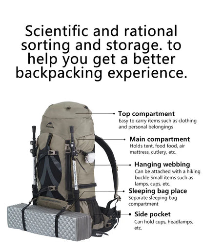Naturehike 70L Camping Backpack — Large Capacity Ergonomic Hiking & Trekking Bag for Men with Rain Cover