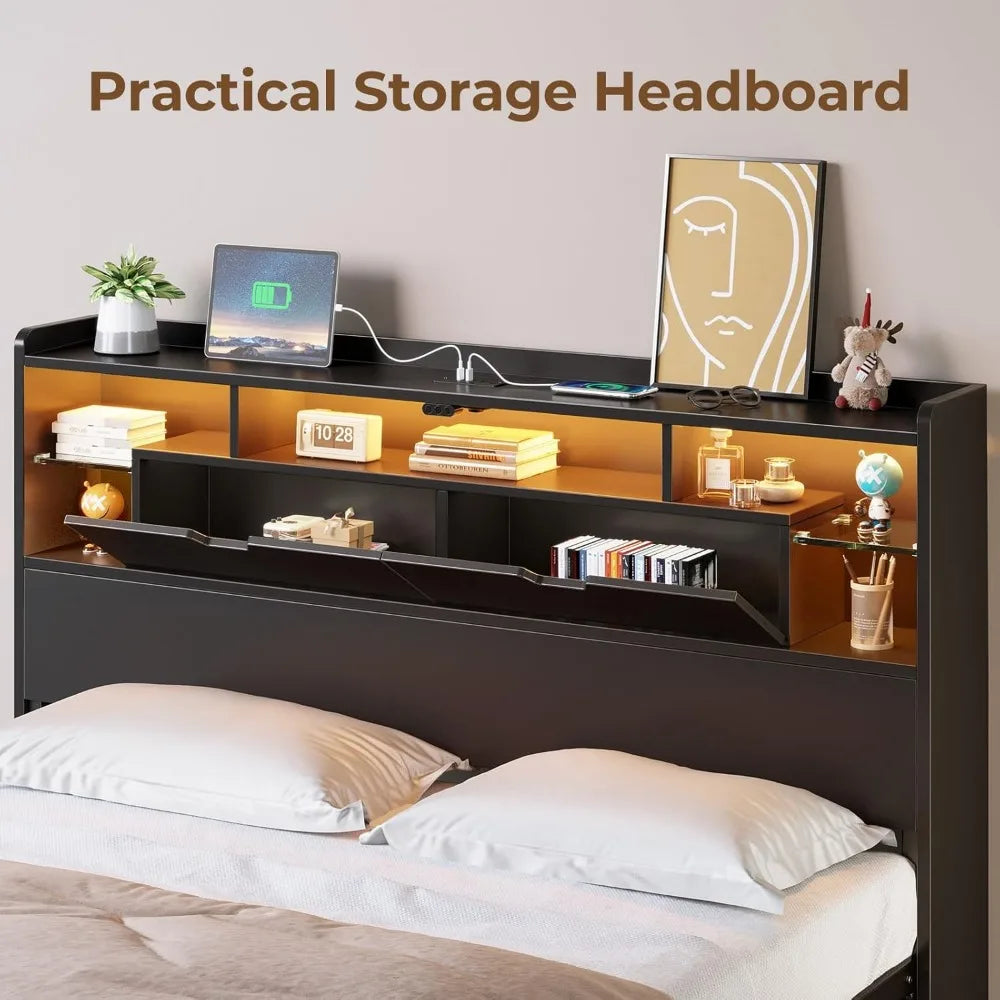 Rolanstar Full Size Metal Bed Frame with LED Headboard, Bookcase Storage, Charging Station & Glass Shelf
