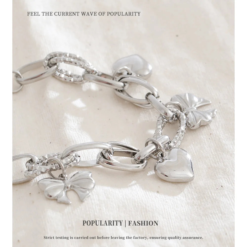 NiNice Stainless Steel Heart & Bow Pendant Bracelet – Romantic DIY Fashion Jewelry Gift for Women, Elegant Trendy Design