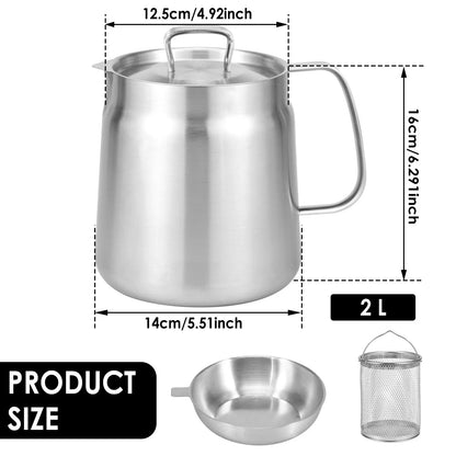 2L/1.5L Stainless Steel Oil Filter Fry Basket – Fine Mesh Strainer Pot for Oil Storage and Kitchen Grease