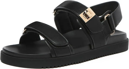 Women’s Flat Leather Sandals – Adjustable Double Strap Slip-On Comfort Footbed Shoes
