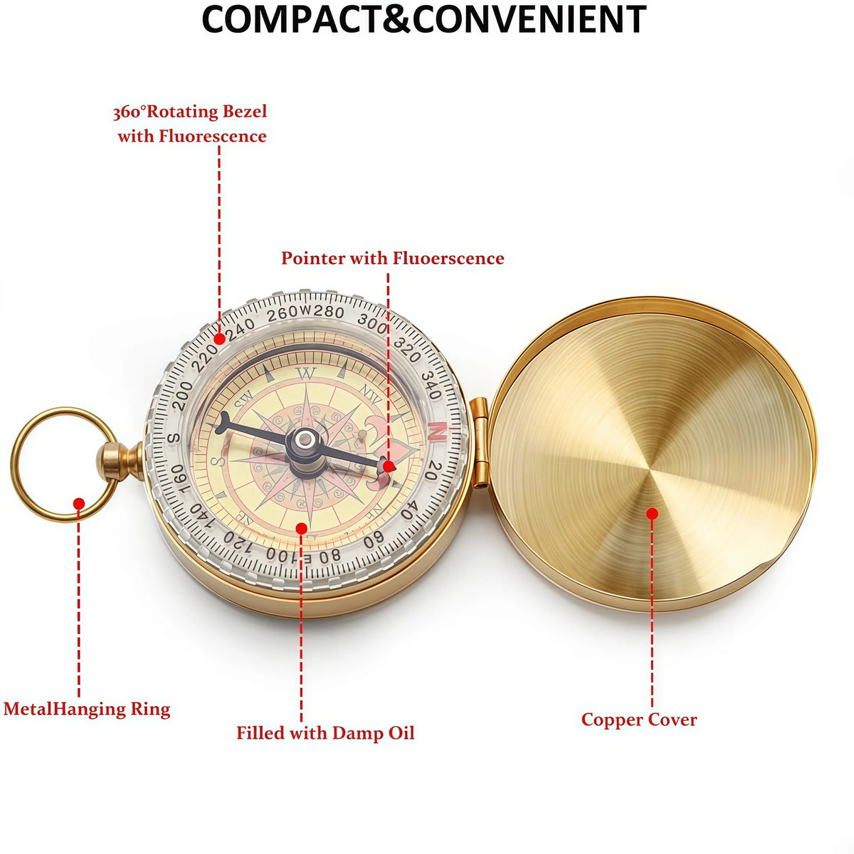 Brass Outdoor Compass - Portable Gold Pocket Navigation Compass with Glow-in-the-Dark Display for Camping & Hiking
