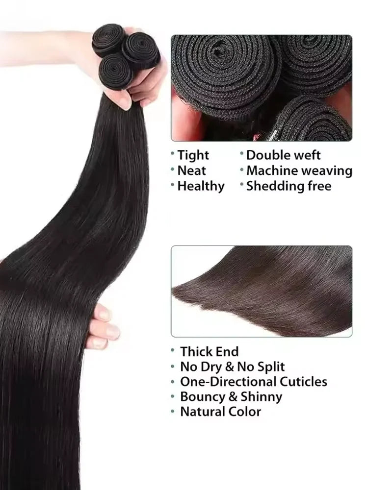 30-34 Inch Bone Straight Human Hair Bundles – Natural Black Remy Unprocessed Virgin Hair Extensions, 3-4 Bundle Deals