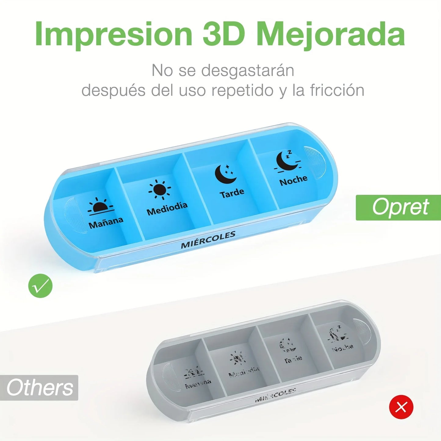 Weekly Pill Box 28 Compartments — 7-Day, 4-Dose Daily Pill Organizer with Spanish Printing