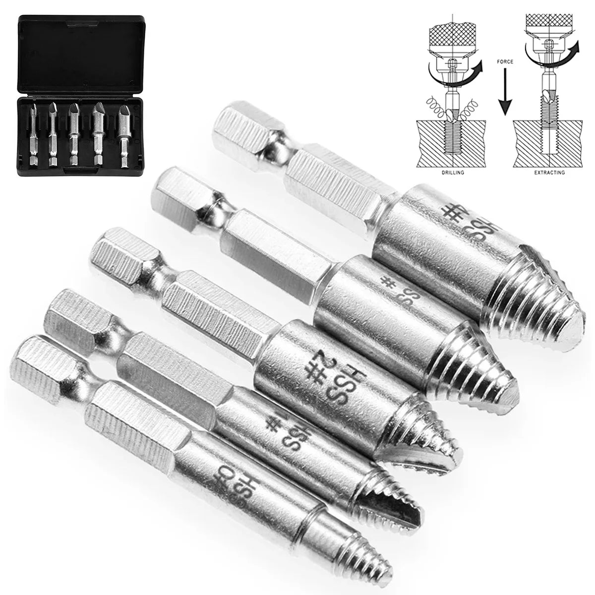SenNan 5Pcs Damaged Screw Extractor Drill Bit - High-Speed Steel for Easily Removing Broken Screws & Bolts