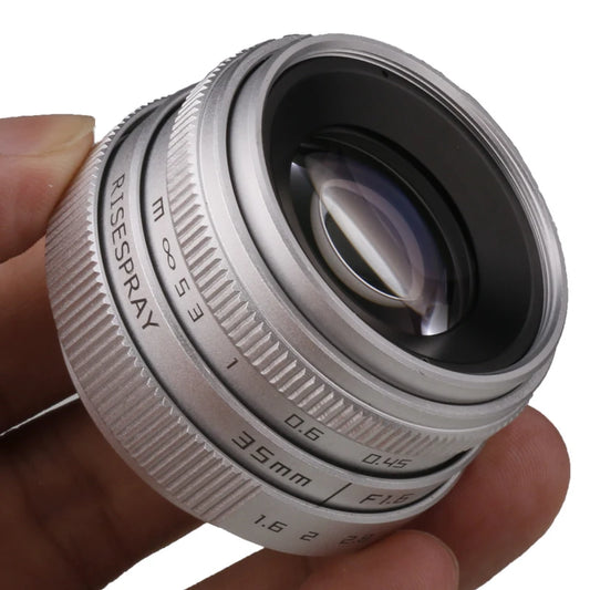 Silver Mini 35mm f/1.6 APS-C CCTV Lens with Adapter Ring — Compatible with Panasonic/Olympus Micro 4/3, Sony E, Canon EOS-M, Fujifilm