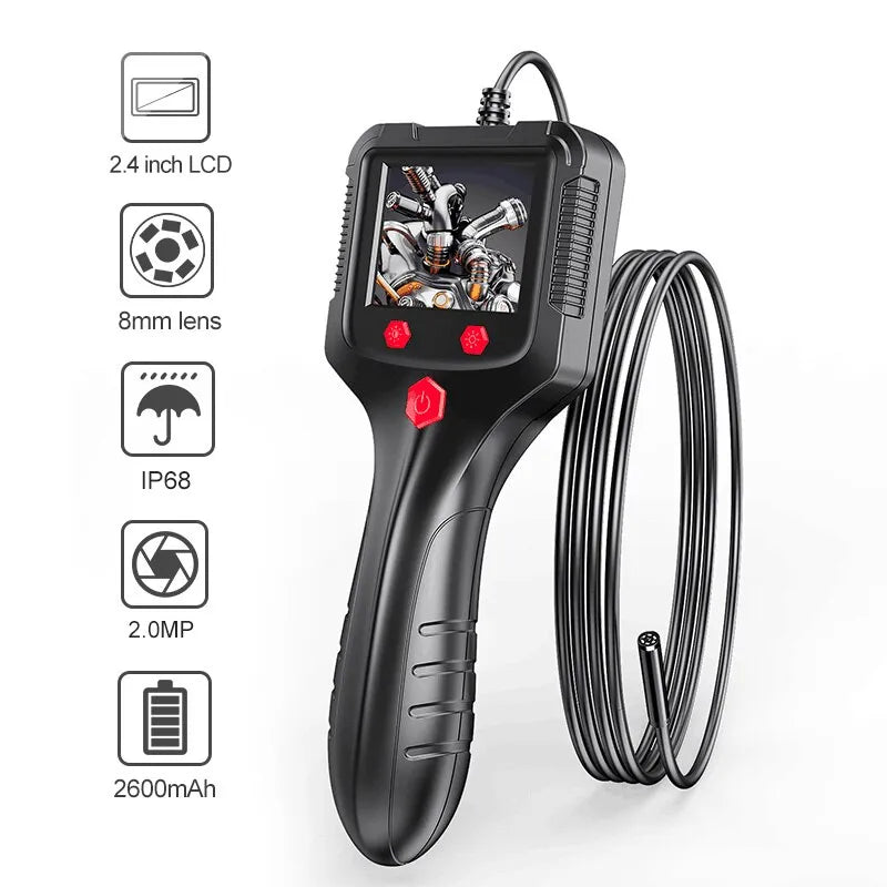High-Definition 2.4-Inch IPS Screen Industrial Endoscope Camera - IP68 Waterproof Borescope with HD 1080P Resolution, LEDs, and 2600mAh Battery for Car Inspection
