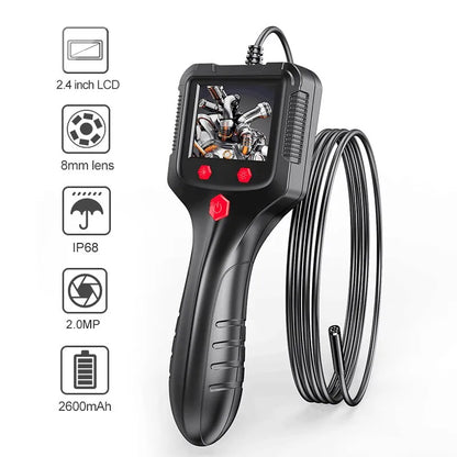 High-Definition 2.4-Inch IPS Screen Industrial Endoscope Camera - IP68 Waterproof Borescope with HD 1080P Resolution, LEDs, and 2600mAh Battery for Car Inspection