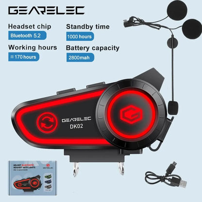 GEARELEC DK02 Motorcycle Helmet Headset - Stereo Bluetooth Hands-Free Call, IPX7 Waterproof, 2800mAh with Tri-Color Ambient Light