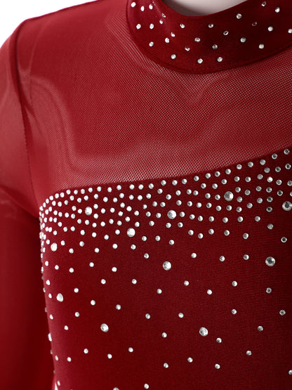 Kids Girls Long Sleeve Rhinestone Bodysuit — Full Body Dancewear Gymnastics Leotard Skating Jumpsuit
