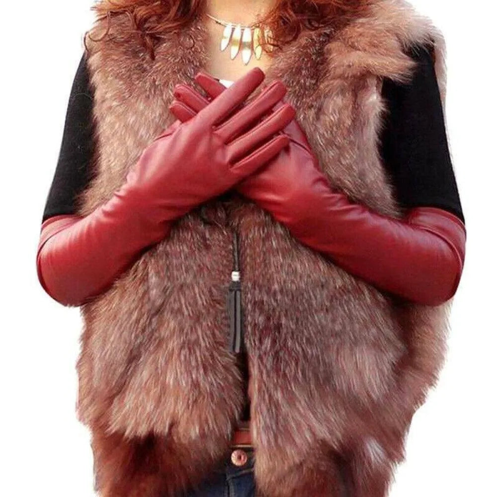 Fashion Women’s Long Leather Gloves – Warm Winter Elbow-Length Soft Lined Evening Party Gloves High Quality Stylish Handwear