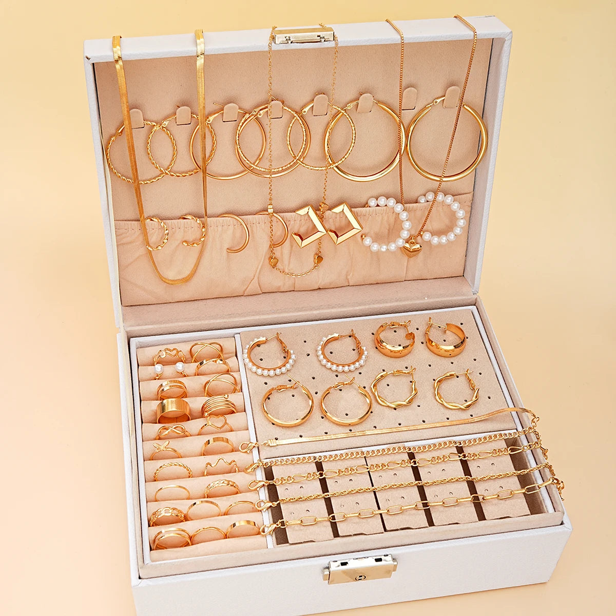 54Pcs Vintage Pearl Jewelry Set - Elegant Earrings Necklace Bracelet Ring & Heart Pendant Gift for Women