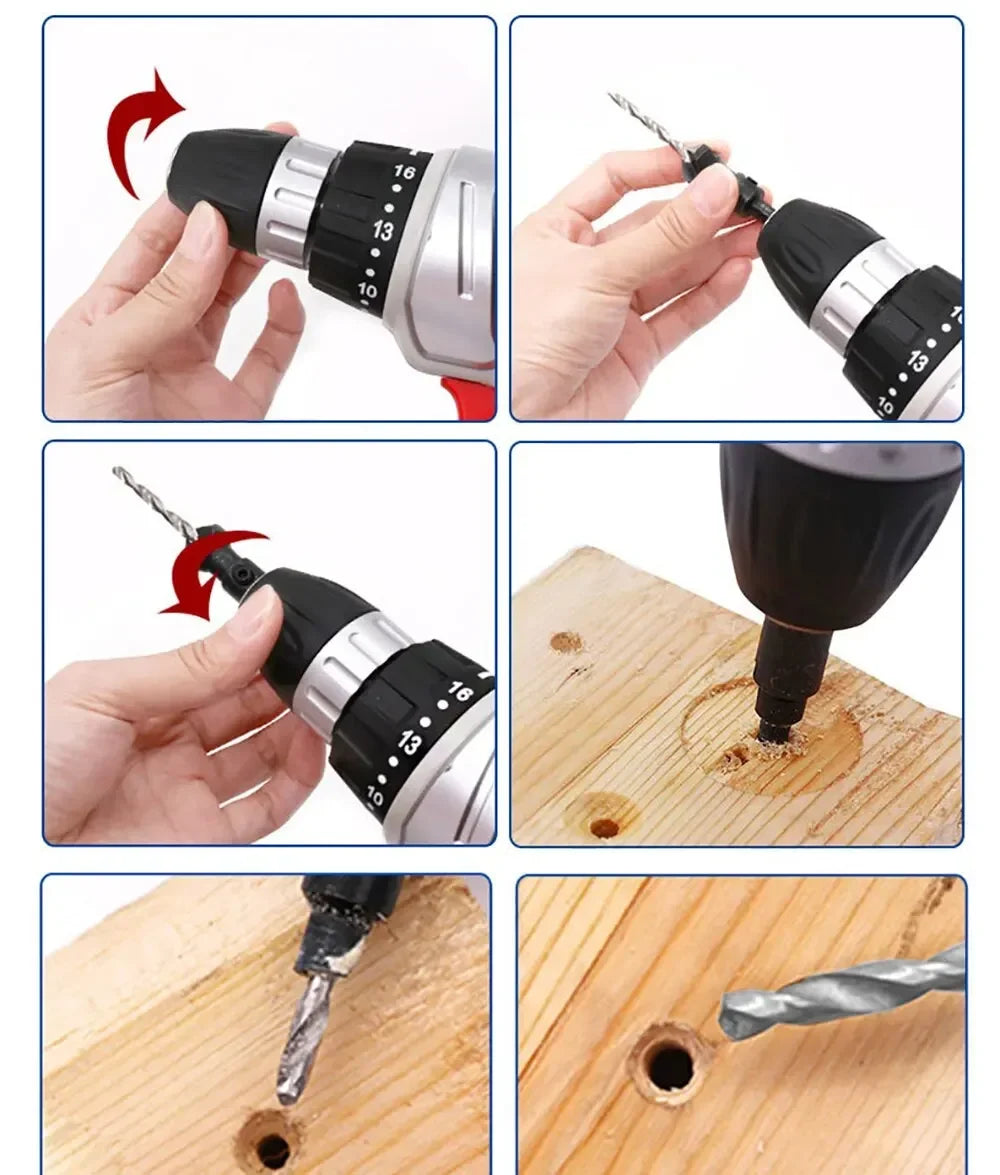 5PCS Woodworking Countersink Drill Bit Set – One-Piece Hex Handle Twist Drill with Chamfering Tool