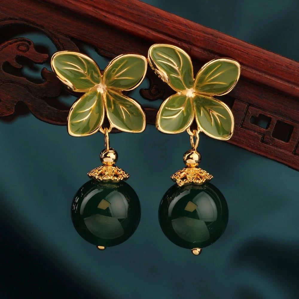 Vintage Flower Drop Earrings - Natural Stone Ethnic Jewelry for Women