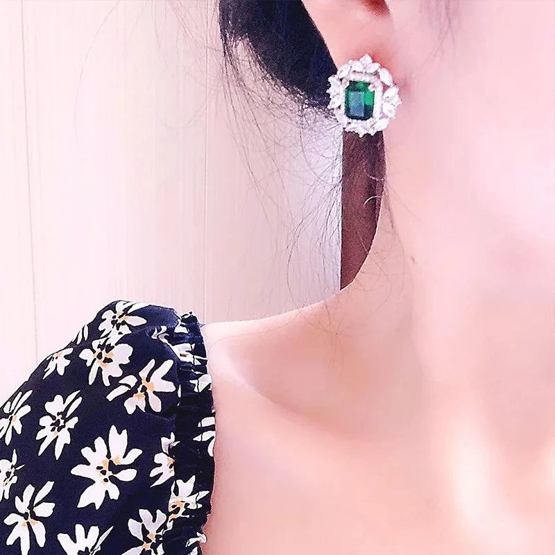 Huitan Luxury Women’s Ear Studs – Bright Green Zirconia Earrings, Delicate Design for Anniversary, Party & Jewelry Accessories