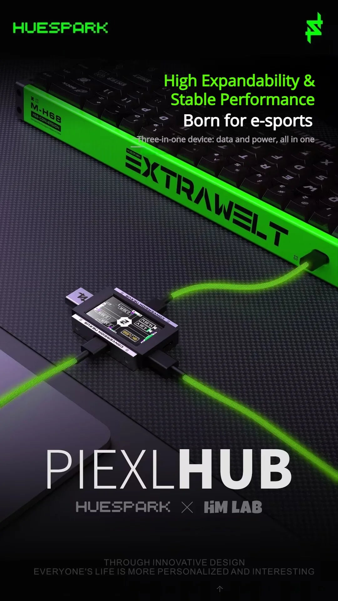 HUESPARK & HMLAB PIEXLHUB 1-to-3 USB Gaming Hub – 8K Stable Power Supply for Trendy Desk Setup, Designed for Gamers