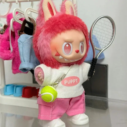 Labubu 15-17cm Doll Sports Outfit – LA Baseball & Trendy Tennis/Badminton Clothing, T-Shirt & Cargo Pants Set