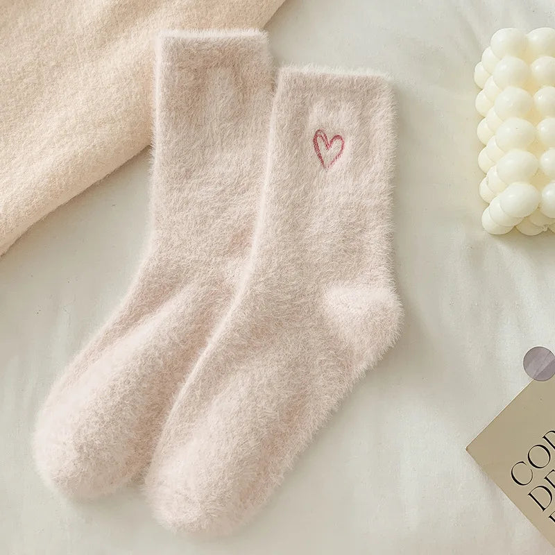 Thickened Pink Mink Fur Heart Embroidered Socks — Women’s Autumn Winter Warm Plush Mid-Tube Home Sleep Socks