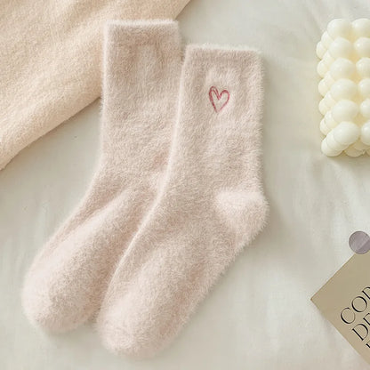 Thickened Pink Mink Fur Heart Embroidered Socks — Women’s Autumn Winter Warm Plush Mid-Tube Home Sleep Socks