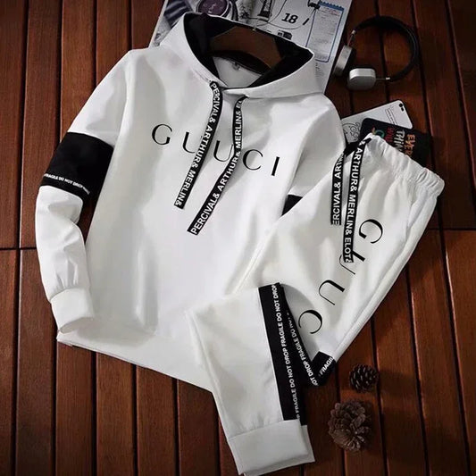 Men's Fashion Tracksuit Set – Hoodie & Sweatpants with Trendy Print | Casual Black & White Jogger Outfit