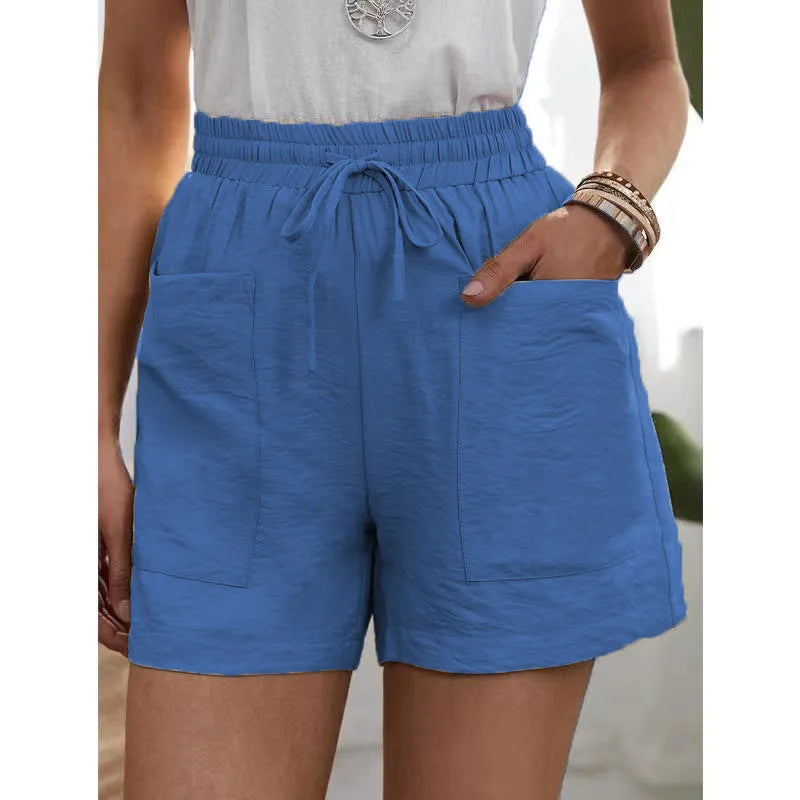 Women’s Summer Wide-Leg Shorts - High Elastic Waist Drawstring Casual Shorts with Pockets