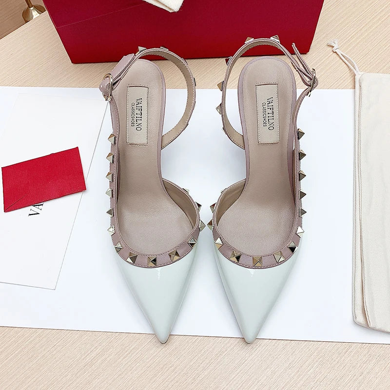 Women’s 2025 Luxury High Heel Sandals – Metal Rivet Gladiator Pointed Toe Stiletto Summer Party Shoes
