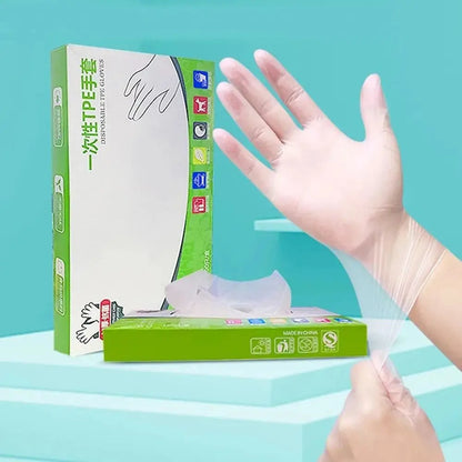 100PCS Disposable Food-Grade Gloves – Transparent Non-Slip TPE Safety Cleaning Gloves, Latex-Free & Portable