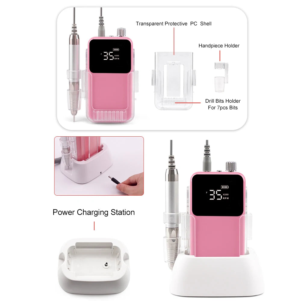 Professional Electric Nail Drill – 35000RPM Rechargeable Nail File for Gel Nails, Low Noise Sander, Nail Accessories