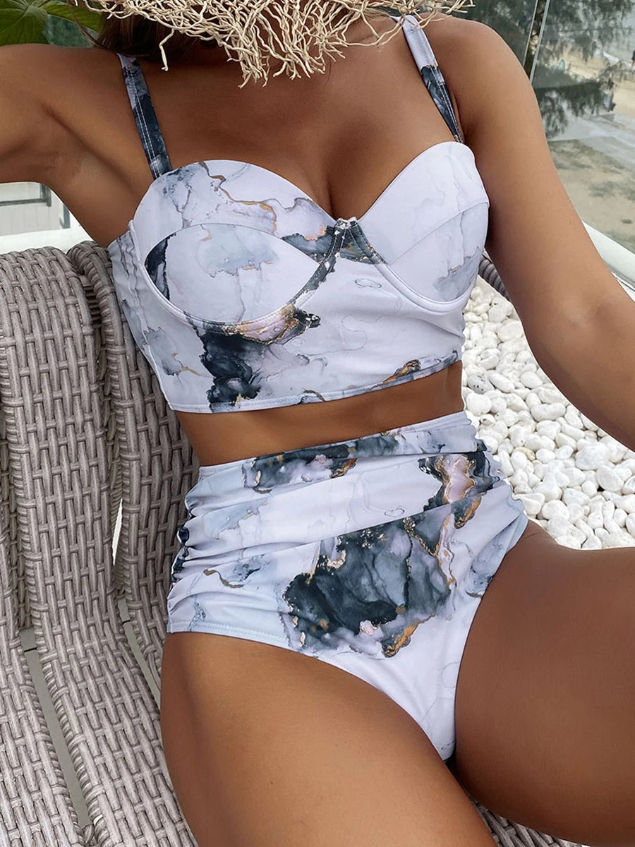 Women’s Butterfly Print Push Up Bikini Set - High Waist Padded Swimsuit for Summer Beachwear