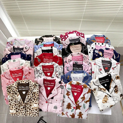 Women's Winter Cartoon Pajama Set - Warm Cotton Wool Sleepwear Long Sleeve Homewear