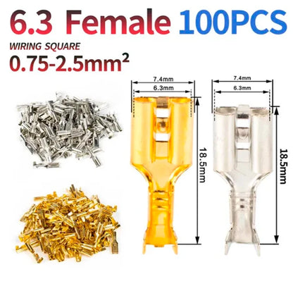 100PCS 2.8/4.8/6.3mm Male & Female Crimp Terminal Connectors – Gold & Silver Wire Connectors for Car & Electronics